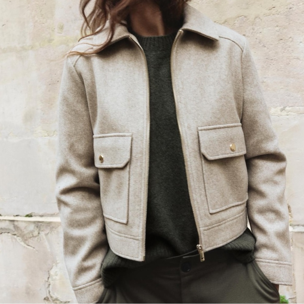 Zara Wool Blend Beige Zip-Front Jacket